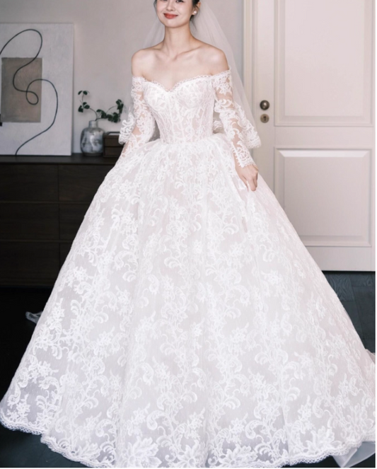 Timeless A-Line Long Wedding Dresses Off-shoulder White Bridal Gowns Lace Long Sleeves Bridal Dresses ED05852