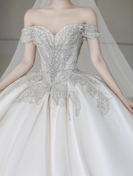 Timeless A-Line Long Wedding Dresses Off-shoulder White Bridal Gowns Beaded Satin Cups Sleeves Bridal Dresses ED05853