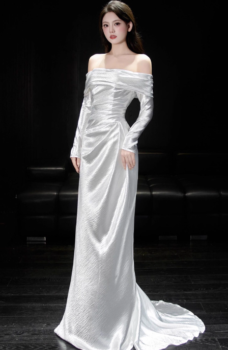 Timeless Sheath Long Wedding Dresses Off-shoulder White Bridal Gowns Satin Long Sleeves Bridal Dresses ED05854