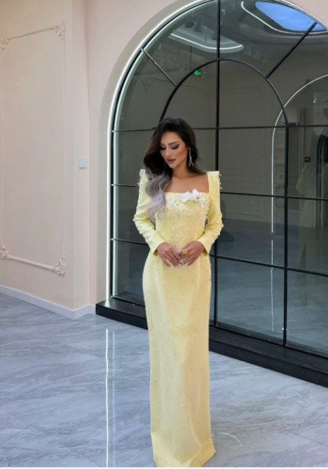 Elegant Yellow Sheath Long Prom Dresses Satin Long Sleeves Wedding Guest Dresses ED05861