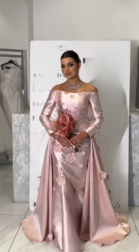 Elegant Pink Sheath Long Prom Dresses Satin Off-shoulder Evening Dresses Long Sleeves Formal Dresses ED05863