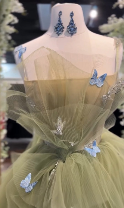 A-Line Tulle Green Long Prom Dress, Green Tulle Long Sweet 16 Dress ED0587