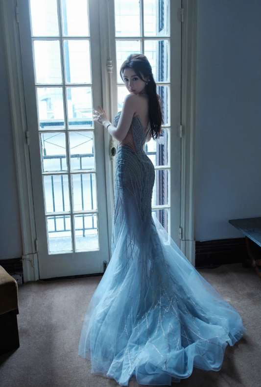 Glam Blue Mermaid Long Prom Dresses Glitter Tulle Halter Evening Dresses Sleeveless Formal Dresses ED05872