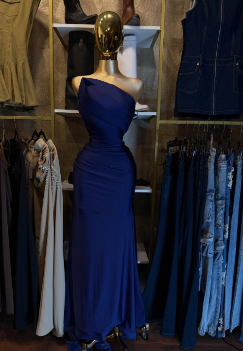 Gorgeous Navy Blue Sheath Long Prom Dresses Satin One-shoulder Evening Dresses Sleeveless Formal Dresses ED05878