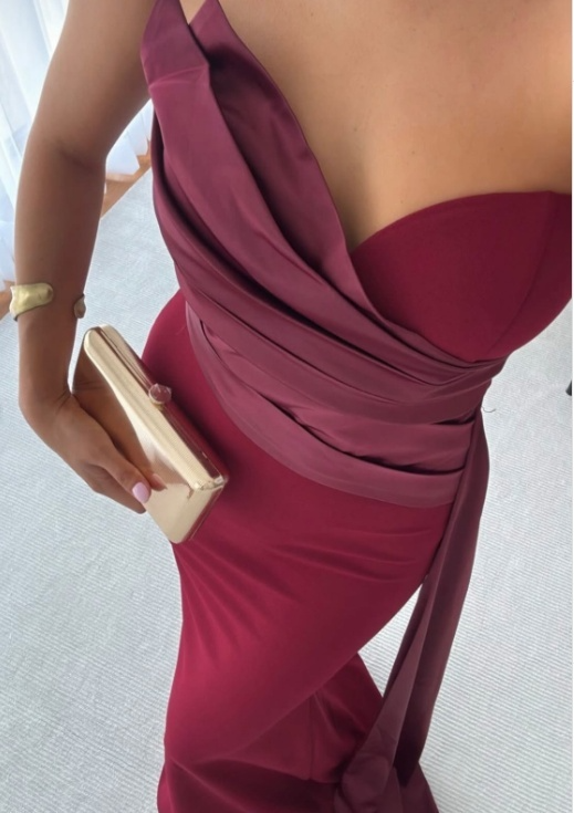 Glam Burgundy Sheath Long Prom Dresses Satin Sweetheart Evening Dresses Sleeveless Formal Dresses ED05879
