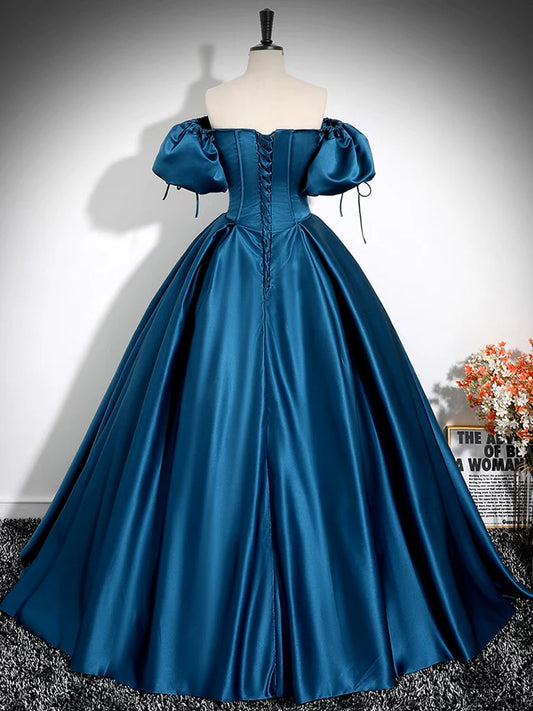A-Line Puff Sleeves Satin Peacock Blue Long Prom Dress, Peacock Blue Long Formal Dress ED0588