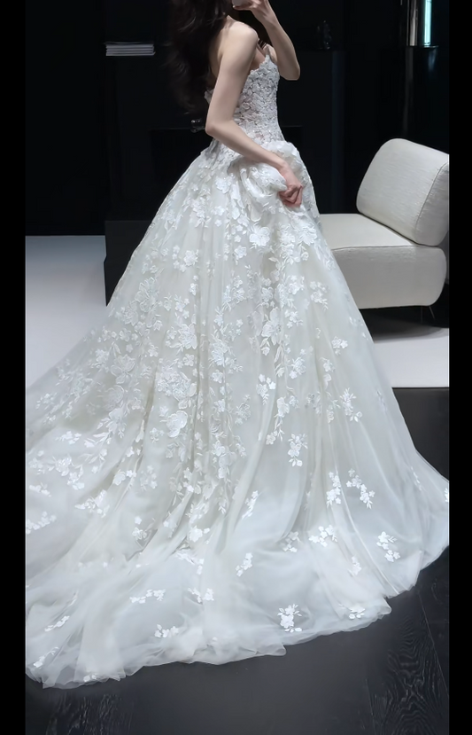 Luxury Sweetheart Sheath Long Wedding Dresses Appliques Tulle White Bridal Dresses Sleeveless Bridal Gowns ED05899