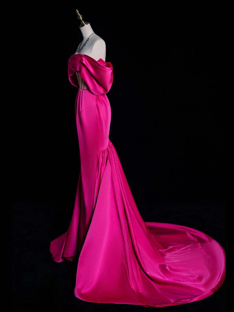 Simple Off Shoulder Satin Mermaid Rose Red Long Prom Dress, Rose Red Evening Dress ED0589
