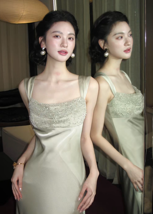 Gorgeous Green Sheath Long Prom Dresses Satin Straps Birthday Dresses Sleeveless Evening Dresses ED05903