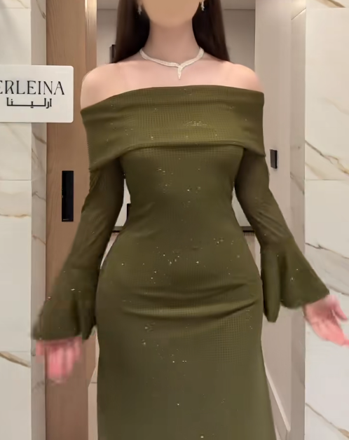 Elegant Sheath Green Long Prom Dresses Tulle Off-shoulder Evening Dresses Long Sleeves Birthday Dresses ED05911