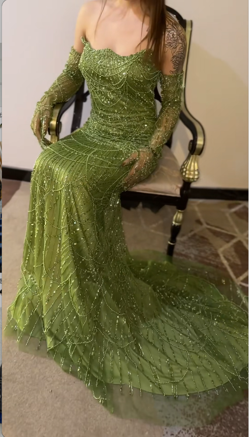 Elegant Sheath Green Long Prom Dresses Beaded Tulle Strapless Evening Dresses Sleeveless Birthday Dresses ED05912