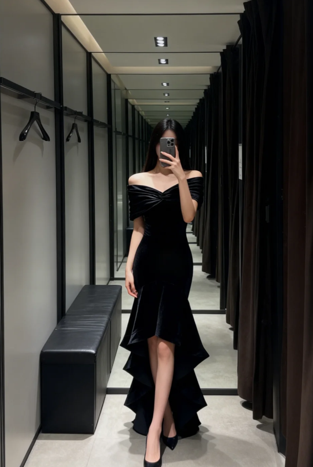 Elegant Mermaid Black Long Prom Dresses Satin Off-shoulder Evening Dresses Sleeveless Birthday Dresses ED05914