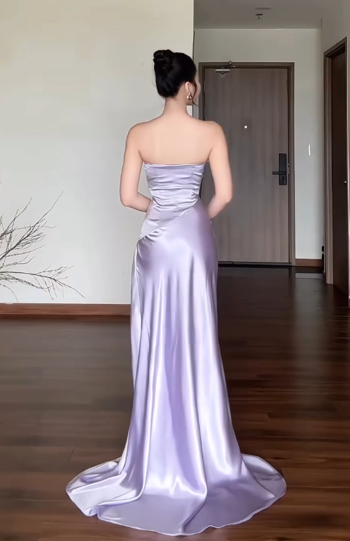 Chic Sheath Purple Long Prom Dresses Satin Strapless Evening Dresses Sleeveless Birthday Dresses ED05923