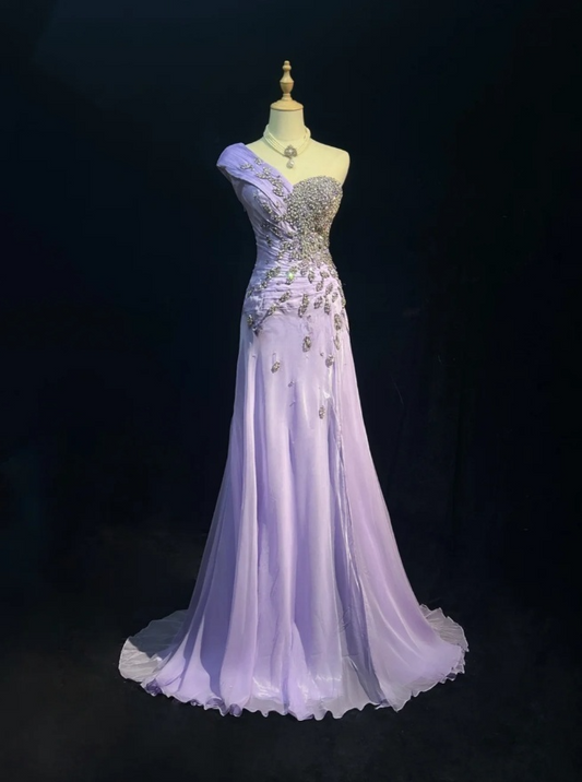 Vintage Sheath Purple Long Prom Dresses Beaded Chiffon One-shoulder Long Evening Dresses Sleeveless Birthday Dresses ED05926