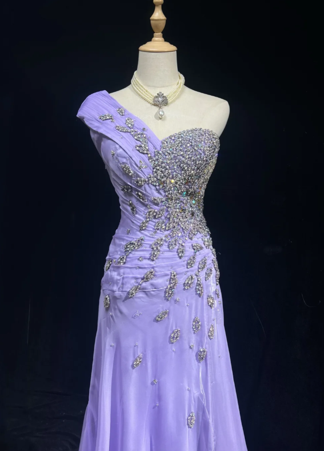 Vintage Sheath Purple Long Prom Dresses Beaded Chiffon One-shoulder Long Evening Dresses Sleeveless Birthday Dresses ED05926