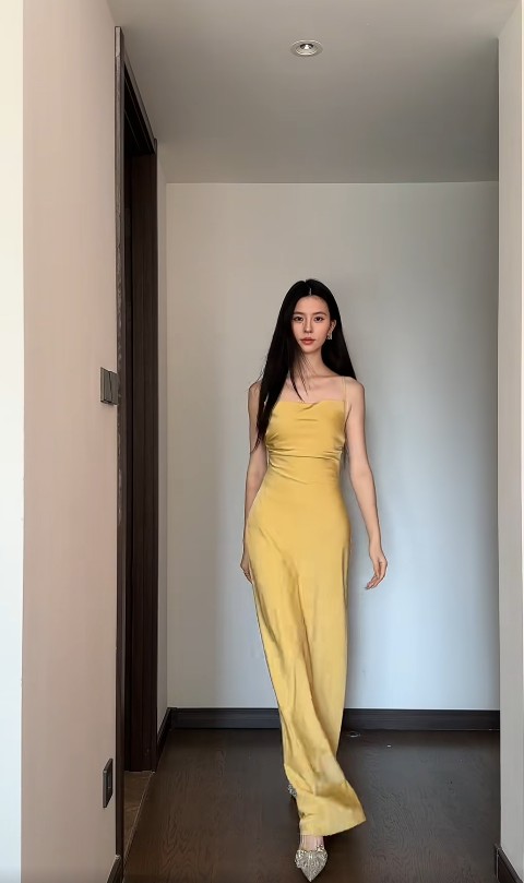 Simple Sheath Yellow Wedding Guest Dress Satin Spaghetti-Strap Long Evening Dress ED05927