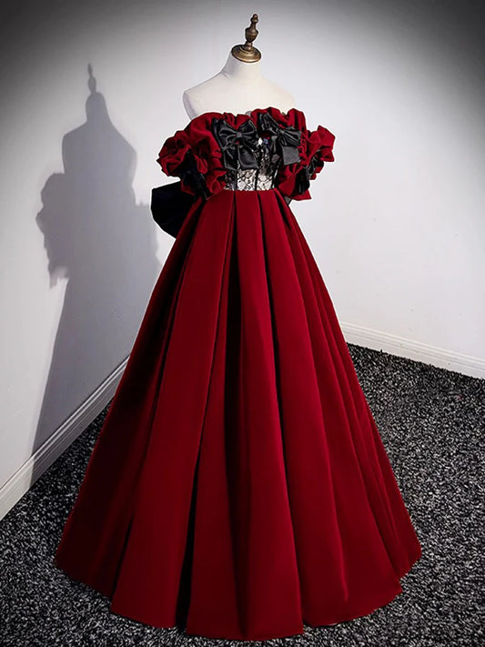 A-Line Off Shoulder Velvet Lace Burgundy Long Prom Dress, Burgundy Long Formal Dress ED0592