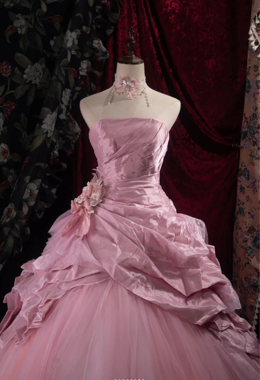 Gorgeous Ball Gown Tulle Long Prom Dress, Pink Quinceañera Dress, Strapless Sweet 16 Dress ED05932