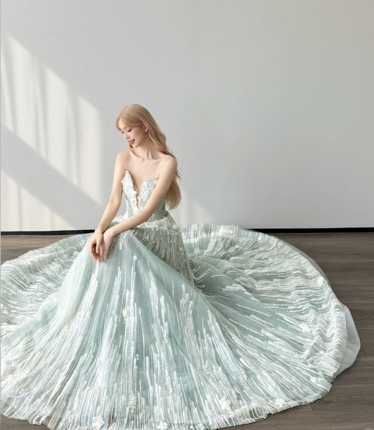 Gorgeous A-Line Tulle Long Prom Dresses Sequins Mint Green Quinceanera Dresses Sweetheart Sweet 16 Dresses ED05933