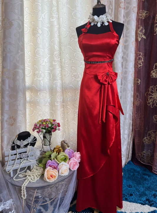 Elegant Sheath Long Prom Dress Satin Halter Evening Dress Burgundy Mother of Bride Dresses ED05934