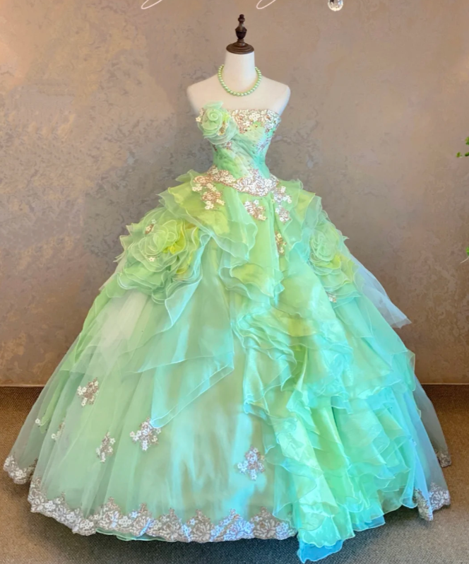 Fairy Ball Gown Tulle Long Prom Dress Green Quinceanera Strapless Birthday Dresses ED05935