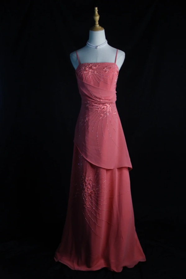 Vintage Wetermelon Sheath Long Prom Dress Chiffon Beaded Spaghetti Straps Evening Dresses Sleeveless Formal Dresses ED05939