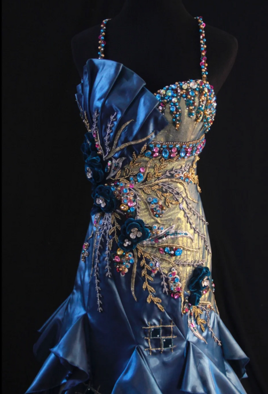 Vintage Blue Sheath Long Prom Dress Satin Beaded Spaghetti Straps Evening Dresses Sleeveless Formal Dresses ED05940