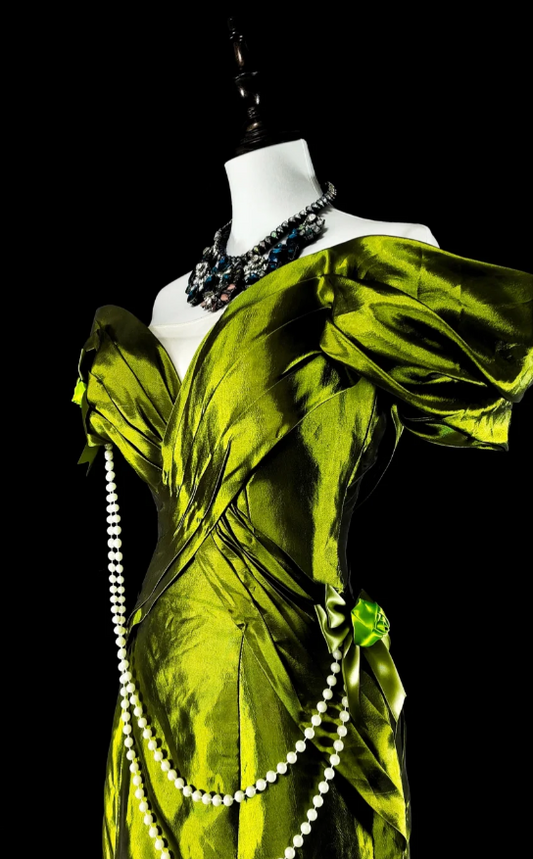 Chic Green Mermaid Long Prom Dress Satin Off-shoulder Evening Dresses Sleeveless Formal Dresses ED05941