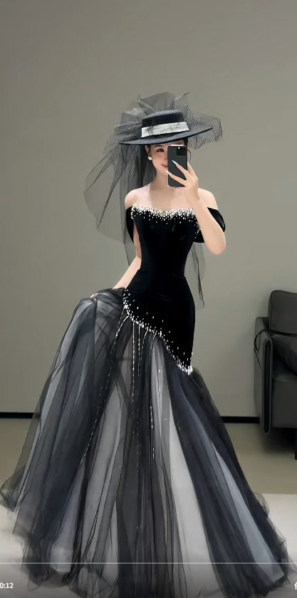 Chic Black Mermaid Long Prom Dress Tulle Off-shoulder Evening Dresses Sleeveless Formal Dresses ED05942