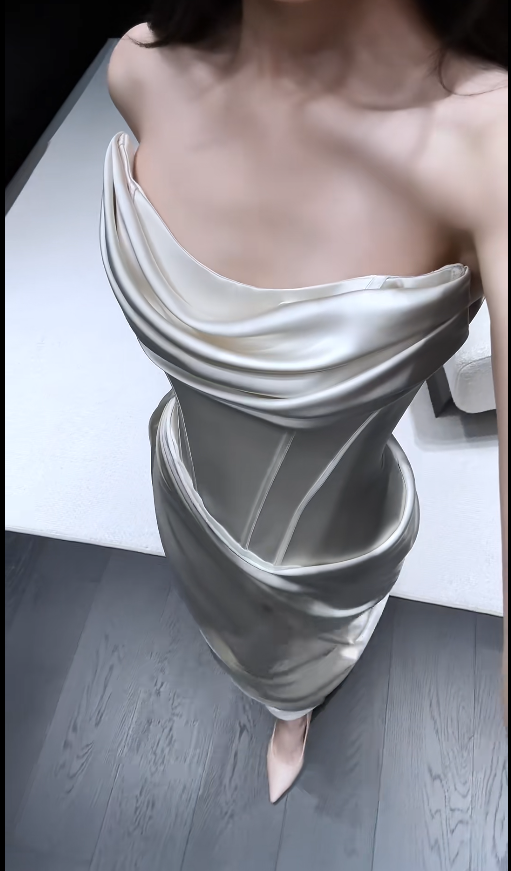 Simple White Sheath Long Prom Dresses Satin Strapless Evening Dresses with Slit ED05945