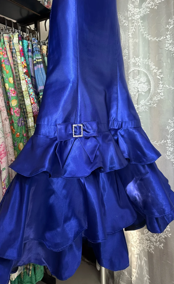 Chic Blue Mermaid Long Prom Dresses Satin Strapless Evening Dresses ED05946