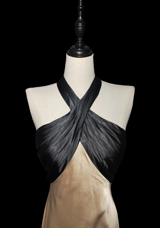 Elegant Champagne Sheath Long Prom Dresses Satin Halter Evening Dresses with Open Back ED05948