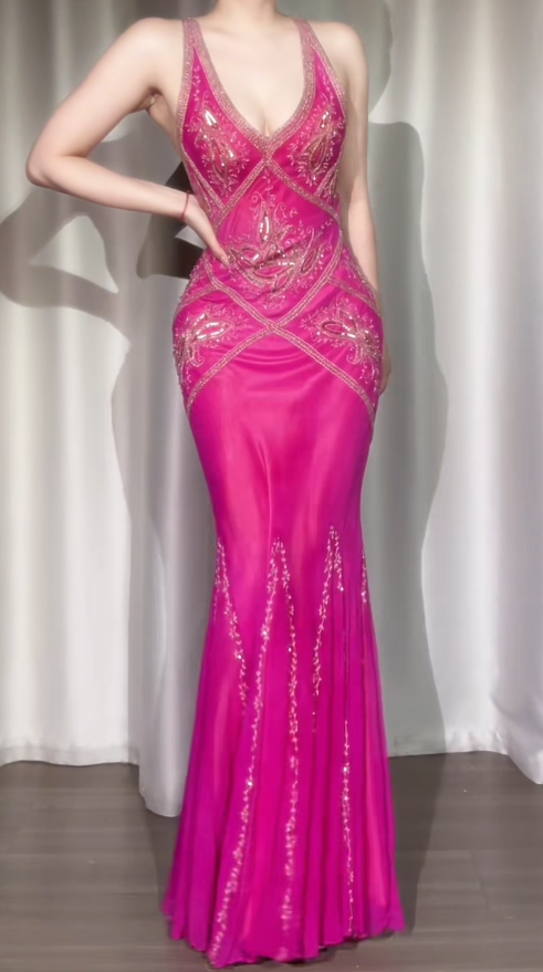 Elegant Fuchsia Mermaid Long Prom Dresses Beaded Chiffon V-neck Evening Dresses with Open Back ED05949