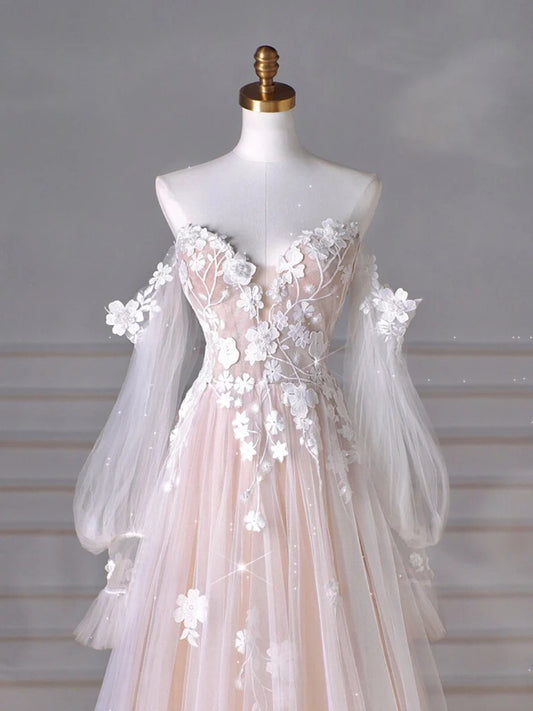 A-Line Long Sleeves Tulle Lace Champagne Long Prom Dress, Champagne Long Formal Dress ED0595