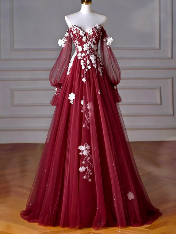 A-Line Long Sleeves Bridal Dress Tulle Lace Bridal Gown Champagne Long Wedding DressED0595