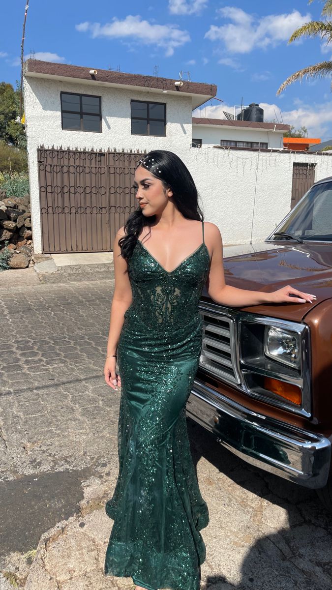 Elegant Dark Green Mermaid Long Prom Dresses Sequins Tulle Spaghetti Straps Evening Dresses ED05950
