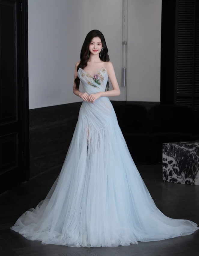 Cute Tiffany Blue A-Line Long Prom Dresses Tulle Evening Dresses Strapless Birthday Dresses ED05953