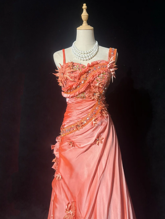 Cute Sheath Long Prom Dresses Coral Birthday Dresses Appliques Satin Straps Evening Dresses ED05960