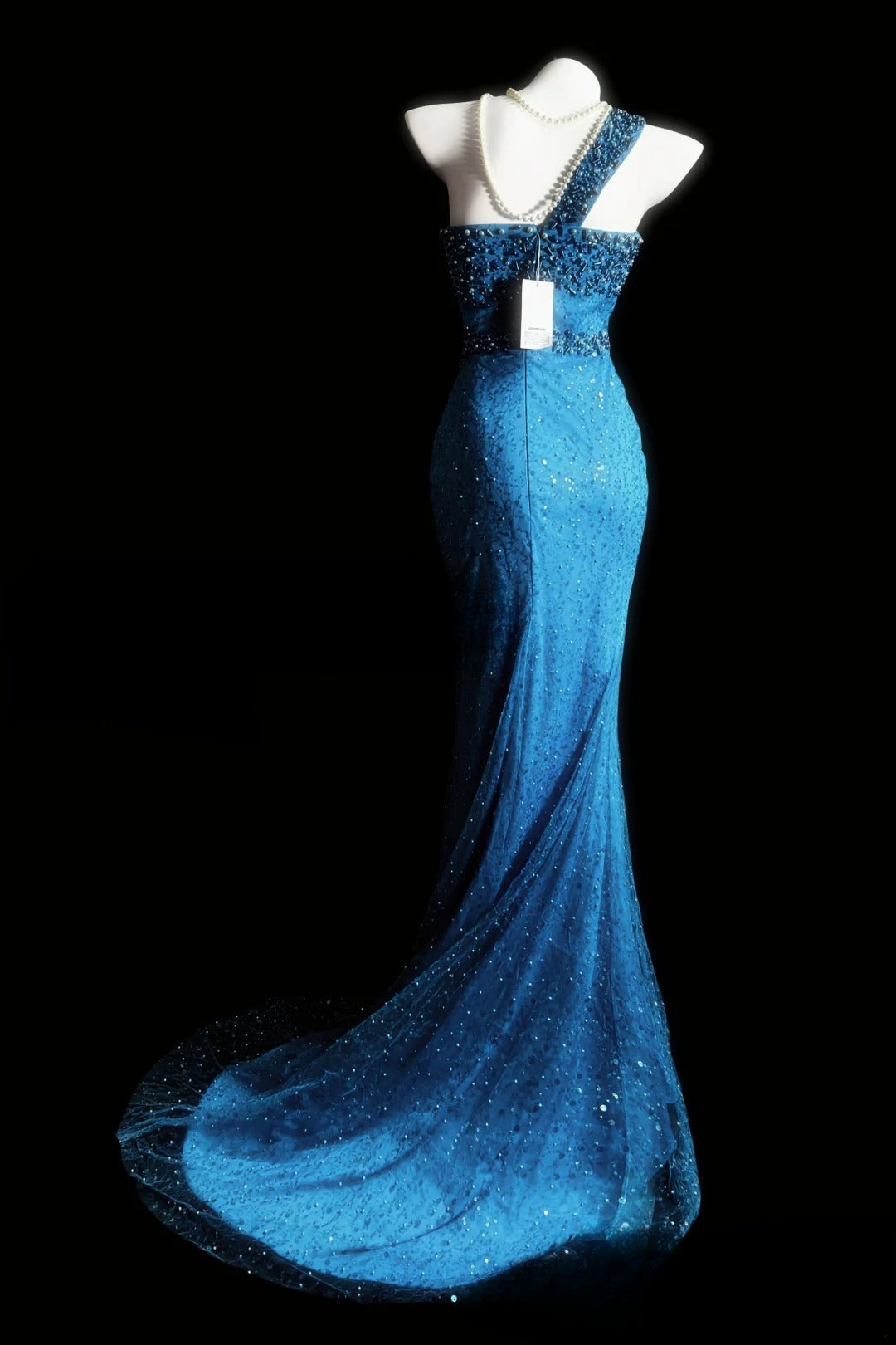 Chic Sheath Blue Long Prom Dresses Tulle Beaded One-shoulder Evening Dresses Sleeveless Party Outfit ED05963