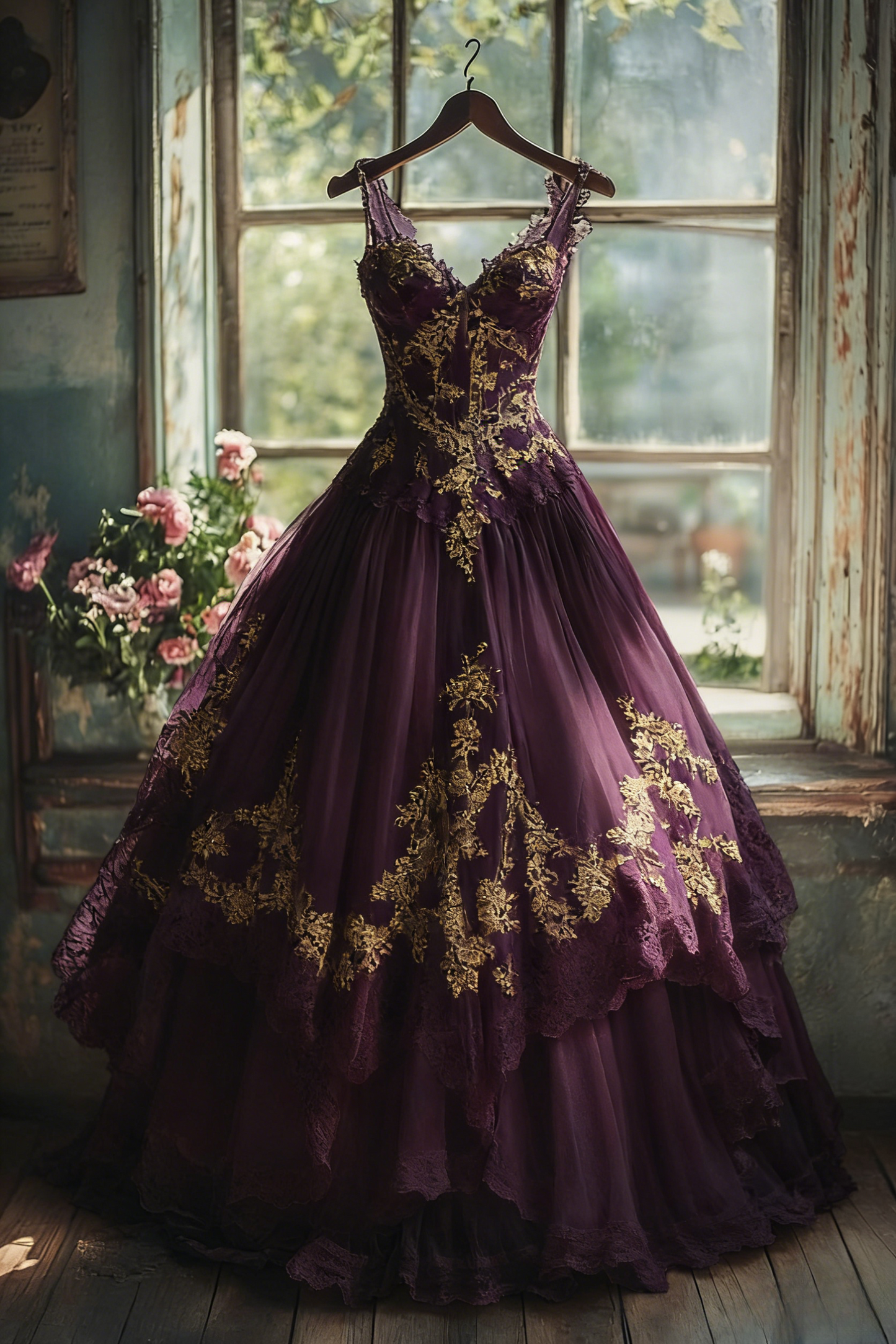 Fairy A-Line Grape Long Prom Dresses Tulle Lace Straps Quinceanera Dresses Sleeveless Sweet 16 Dress ED05968