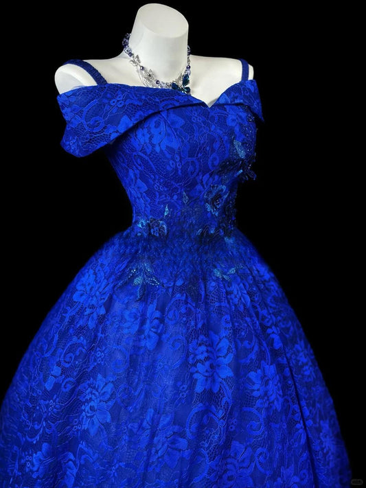 Fairy Ball Gown Royal Blue Long Prom Dresses Lace Spaghetti Straps Quinceanera Dresses Sleeveless Sweet 16 Dress ED05969