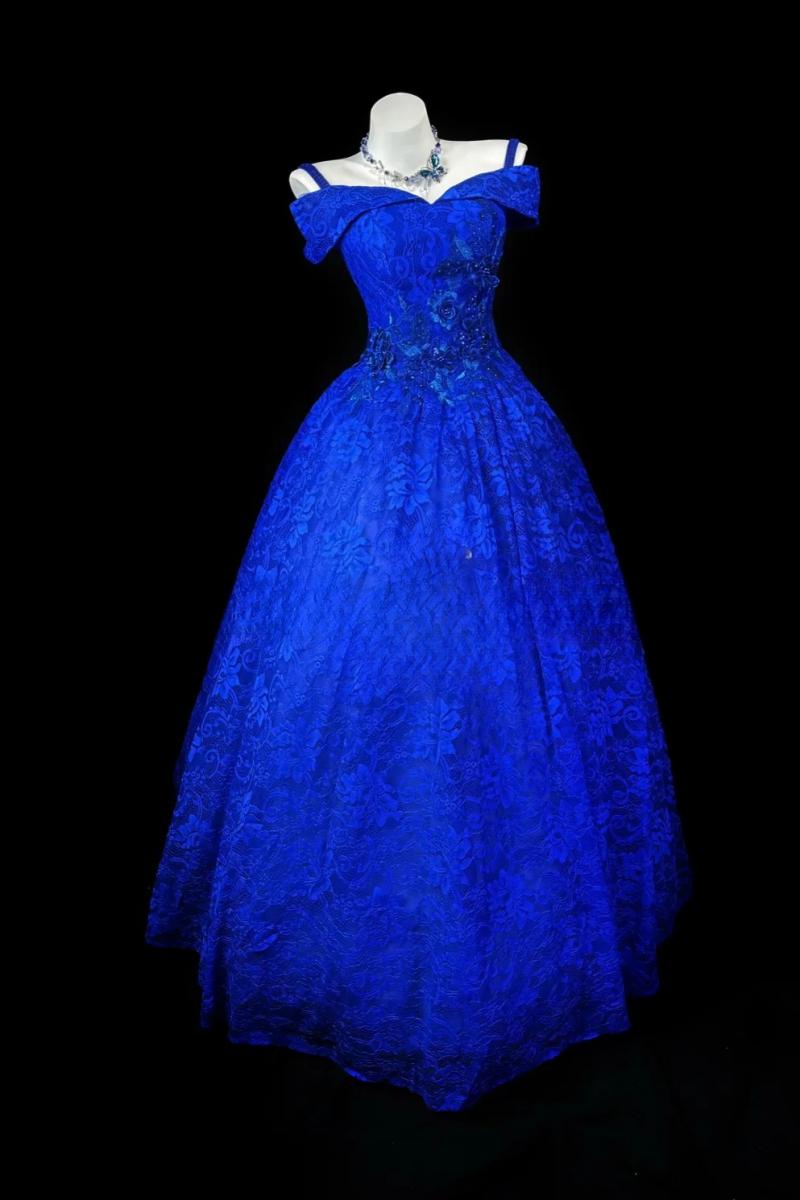 Fairy Ball Gown Royal Blue Long Prom Dresses Lace Spaghetti Straps Qui   EvaFashionDress