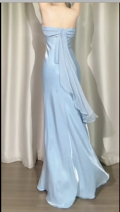 Elegant Sheath Blue Bridesmaid Dresses Silk Spaghetti Straps Long Evening Dresses Sleeveless Party Dress ED05974