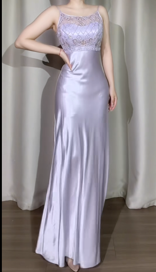 Elegant Sheath Lilac Long Prom Dresses Satin Spaghetti Straps Evening Dresses ED05982