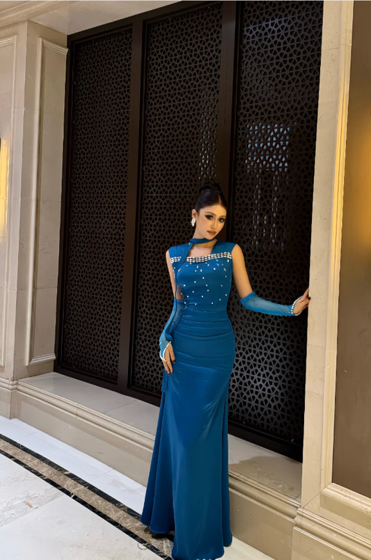 Elegant Sheath Blue Bridesmaid Dresses Satin Straps Long Evening Dresses ED05983