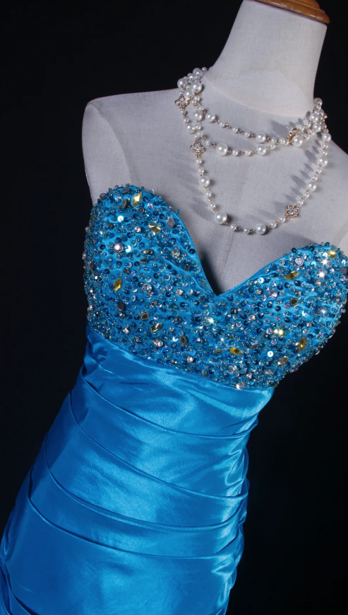 Cute Sheath Blue Bridesmaid Dresses Long Prom Dresses Satin Beaded Sweetheart Evening Dresses ED05986