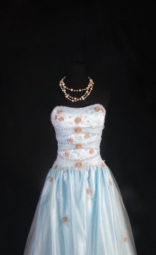 Cute Sheath Pale Blue Long Prom Dresses Satin Beaded Strapless Evening Dresses ED05987