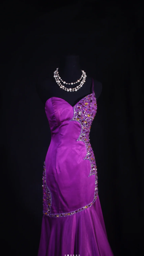 Glam Sheath Purple Long Prom Dresses Satin Beaded One-shoulder Evening Dresses ED05988