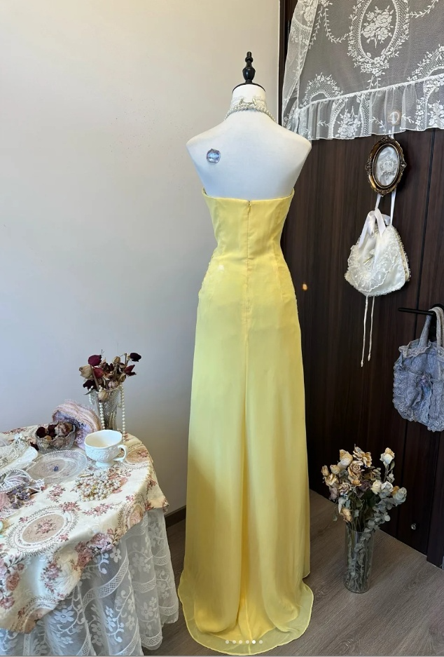 Cute Sheath Yellow Long Prom Dresses Chiffon Strapless Evening Dresses ED05989