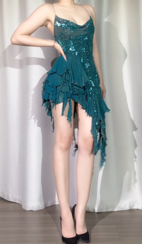 Sexy Sheath Teal Short Prom Dresses Chiffon Beaded Spaghetti Straps Evening Dresses ED05991